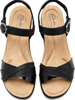 Clarks Women Kacha Twist Wedge Sandal (9, Black Leather)
